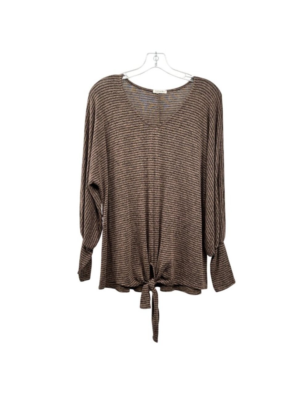 Cotton Bleu Womens Striped Top Tie Hem Long Dolman Sleeve Brown/Black M